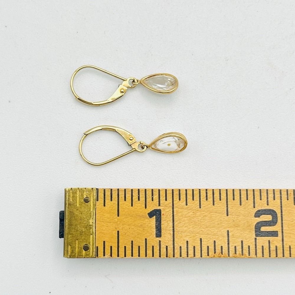 14K Yellow Gold JCM Teardrop Pear Cut Cubic Zirconia Leverback Earrings - Picture 3 of 6